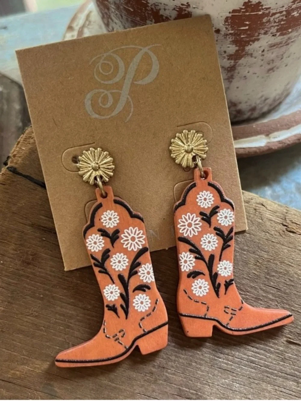Plunder Cowboy Boot Floral Drop Earrings - Tan & Gold Tones - Picture 3 of 3